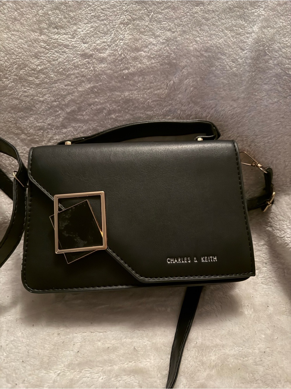Charles & Keith Black Crossbody with Gold Geometric Accent